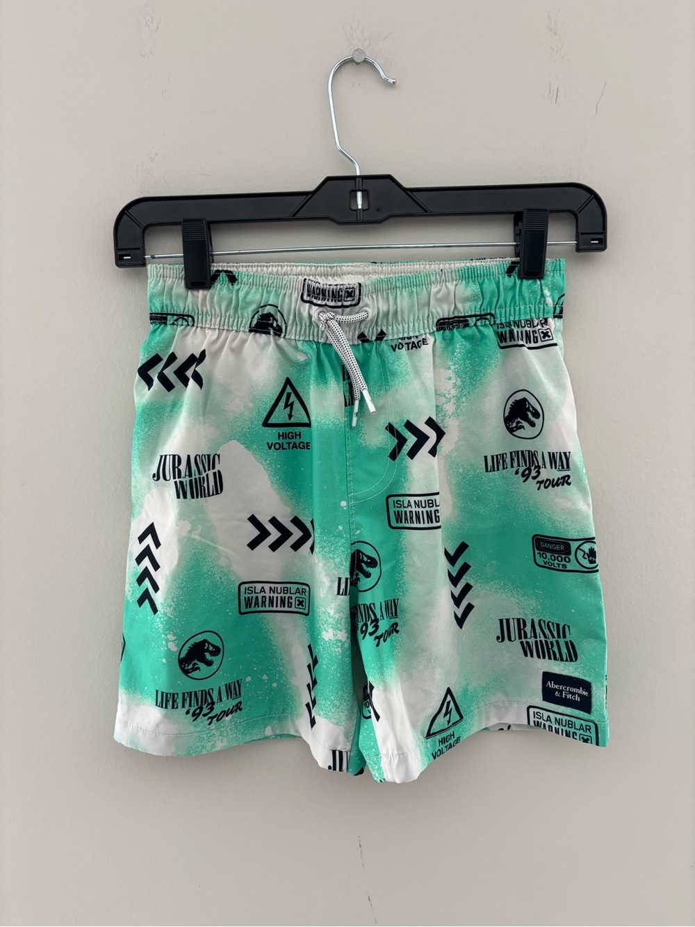 Abercrombie Kids Jurassic World Swim Trunks Green White Board Shorts Boys